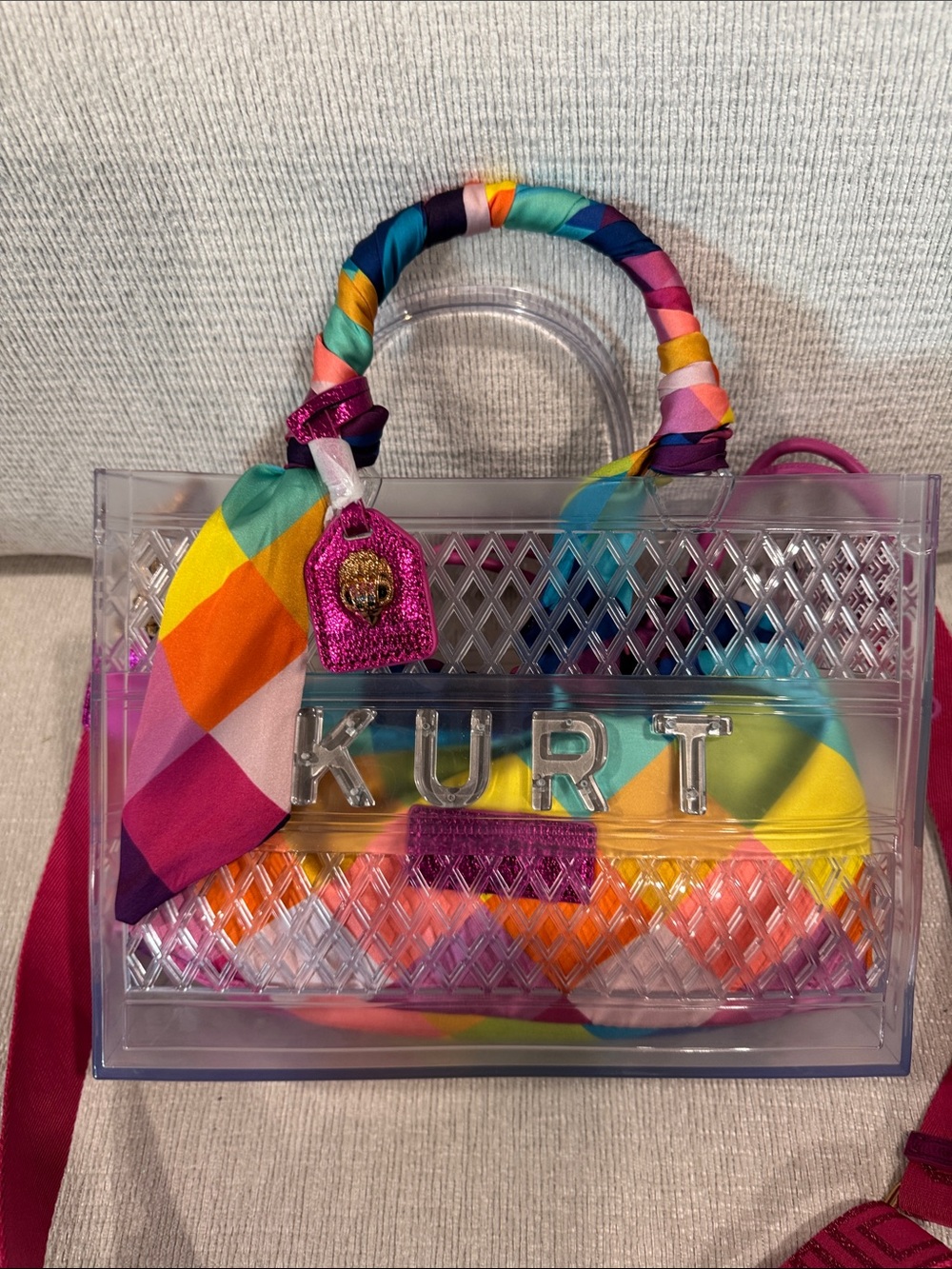 Kurt Geiger Clear Acrylic Tote with Multicolor Scarf Wrap and Pink Tag